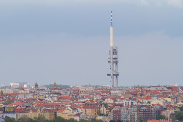 Fototapeta premium views of Prague on the roofs of buildings and traffic during the spring day