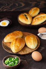 Traditional Russian pies with green onion and egg on wooden plate, dark rustic background. Russian pirozhki, homemade baked patties.