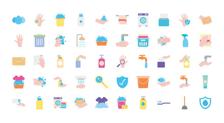 cleaning and hygiene icon set, flat style