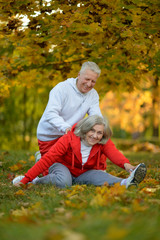 Naklejka na ściany i meble Portrait of fit senior couple exercising in park