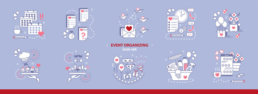 Set of simple icons for event organizing agency, party service concept. Planning, checklists, schedule, invitations, flower decor orders, bar and buffet, cleaning, entertainment, full satisfaction.