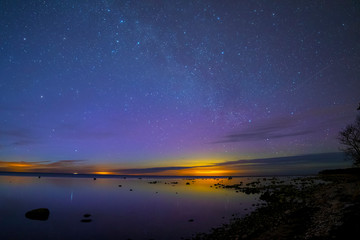 Fototapeta na wymiar Milky way over calm ocean in Sweden