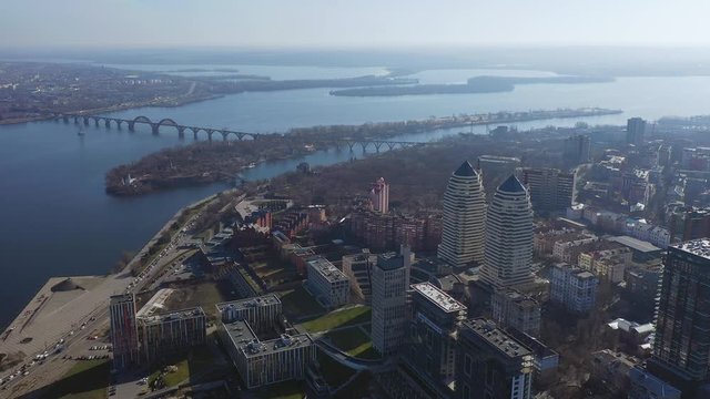 Aerial view of Dnipro city, Ukraine. City center of Dnepropetrovsk 4k footage