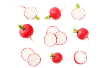 fresh radish with slices isolated on white background. top view
