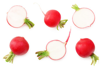 fresh radish with slices isolated on white background. top view