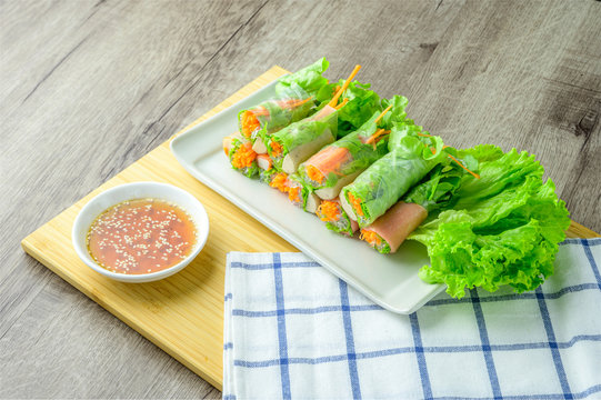 Fresh spring rolls or Noodle rolls wrap vegetables (kuay tiew lui suan). Amazing Bangkok street food menu. One best of Thai dishes delicious and healthy food with vitamins.