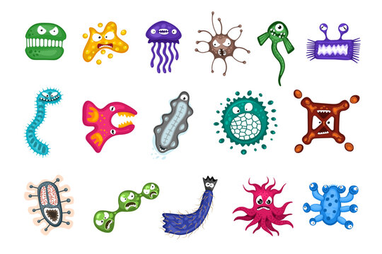 Microorganism virus vector cartoon bacteria germ emoticon character set. Bacterium ilness infection microbiology illustration. Microbe pathogen monster organism emotions isolated on white background