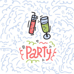 The inscription of the Party in the circle Doodle background. Inscription with an Illustration of glasses and drinks with gas and a tube. Beautiful cartoon background drawn by hand. A great poster for
