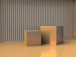 3D render presentation showcase. Light stage scene with two gold cubes in the room with cylinder wall.