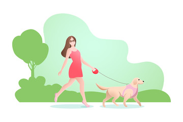 Modern Girl with a Labrador Walks in the Park. Young Beautiful Woman in Red Dress Walking Dog. Summer or Spring Landscape. Trend Flat Design
