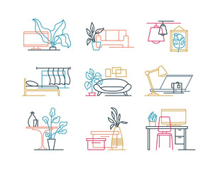 Set of colour intersected line interior design icons.