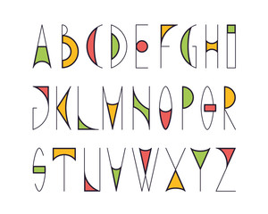 Line and color english alphabet, bright shapes' graphical decorative type.