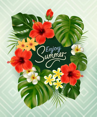 Summer poster with tropical palm leaf and flowers with handwriting lettering. Summer Tropical background. Vector illustration