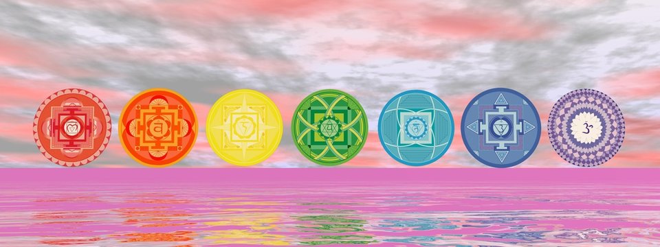 Seven chakra symbols on the horizon line by pink sunset - 3D render