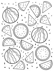 Summer antistress coloring page for adults and children. Doodle hand drawn watermelons. White and black vector illustration.