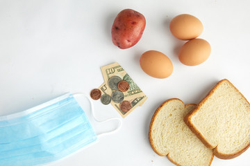 Grocery items with change and dollars representing the economy during covid-19