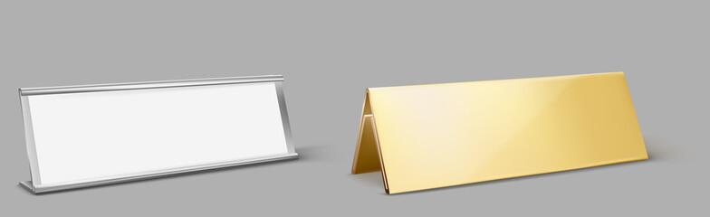Table card holder, empty name plate. Vector realistic mockup of golden and metal stand for identification tag for events, steel and gold frames for nameplate isolated on gray background