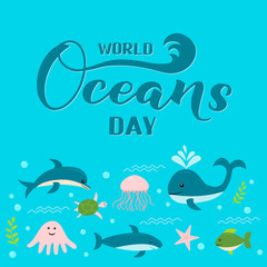 World Oceans Day calligraphy hand lettering with cute cartoon sea animals. Environment conservation concept. Vector template for typography poster, banner, flyer, sticker, logo, etc.