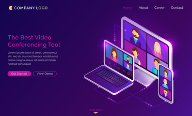 Video conference online call isometric landing page, colleagues business people team using conferencing tools for smart gadgets and webinar communication, learning or chatting, 3d vector web banner