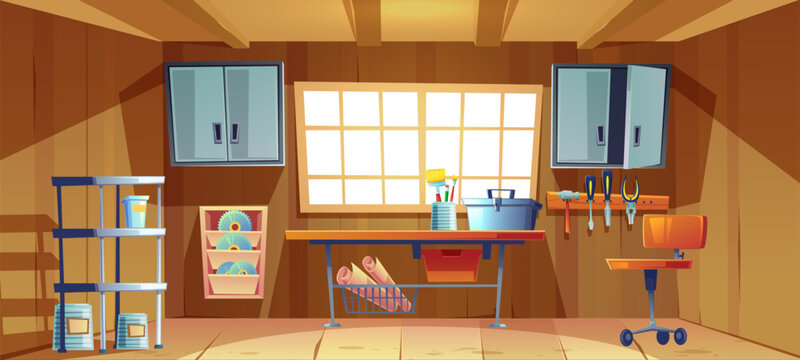 Garage interior with tools for carpentry and repair works. Vector cartoon illustration of workshop or storeroom with toolbox and paint brushes on workbench, screwdriver, hammer and plier on wall board