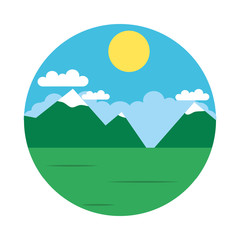 Obraz na płótnie Canvas Mountains and sun landscape icon, flat style