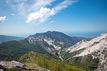 panoramic landscape of white marble quarries of Carrara in 

the Apuan Alps. Colonnata, Massa Carrara district. Tuscany, 

Italy