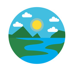 Landscape with river and mountains icon, flat style
