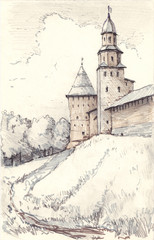 Fortress in Russia, summer day, markers graphics