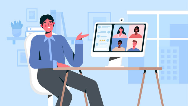 Videoconference with colleagues. Corporate video call, distant discussion, web chatting, online meeting. Remote work. Work from home. Concept of teamwork during quarantine. Flat vector illustration