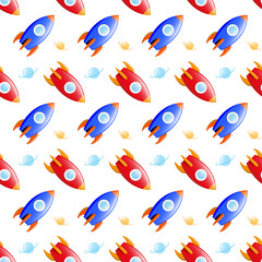 Rocket and planets in space, seamless children pattern, vector illustration