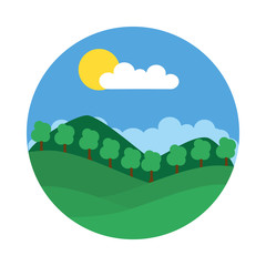 Mountains and trees landscape icon, flat style