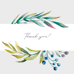 Fototapeta na wymiar Card. Watercolor design with leaves on a gray background. Background with floral elements. Botanical illustration. Template. Ideal for wedding, advertising, business cards.