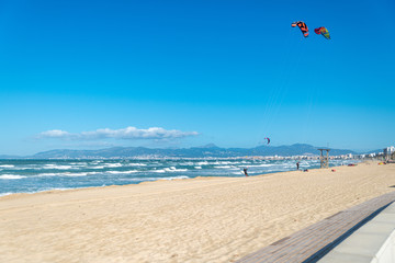 PALMA DE MALLORCA, SPAIN - MAY 11 2020 : Kite Surfer at the Playa de Palma  at  - Mallorca during Corona Lock down  on May 11, 2020 in Palma de Mallorca, .