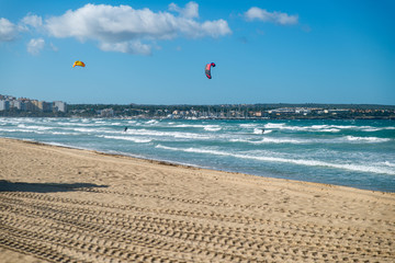 PALMA DE MALLORCA, SPAIN - MAY 11 2020 : Kite Surfer at the Playa de Palma  at  - Mallorca during Corona Lock down  on May 11, 2020 in Palma de Mallorca, .