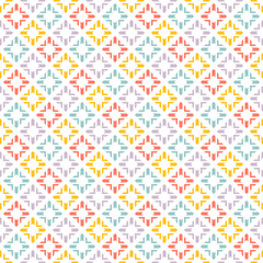 Vector floral geometric seamless pattern with colorful elements, stylized flowers, diamonds, grid. Ethnic style ornament. Background in red, yellow, green, lilac, white color. Stylish repeat design
