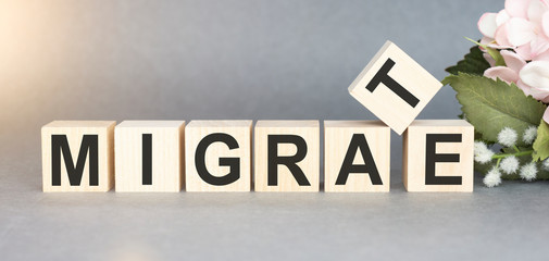 Migrate concept on wooden cubes with a bouquet of flowers