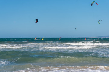 PALMA DE MALLORCA, SPAIN - MAY 11 2020 : Kite Surfer at the Playa de Palma  at  - Mallorca during Corona Lock down  on May 11, 2020 in Palma de Mallorca, .