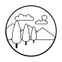 Landscape with mountains and trees icon, line style