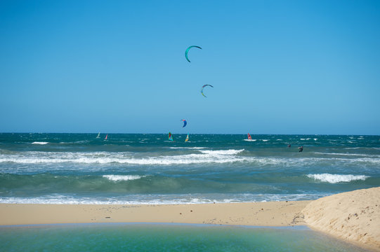 PALMA DE MALLORCA, SPAIN - MAY 11 2020 : Wind surfer at the Playa de Palma  at  - Mallorca during Corona Lock down  on May 11, 2020 in Palma de Mallorca, .