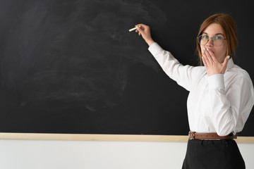 young teacher is standing near the blackboard. Women's glasses on the eyes. Emotion of surprise, mouth covered by hand.