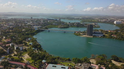 Mombasa Island as seen from the aerial view.  The New Nyali bridge  and Tudor Creek is visible