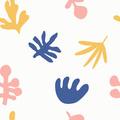 Fototapeta na wymiar Trendy abstract seamless pattern on white background. Hand drawn floral shapes illustration. Trendy colours. Blue, yellow, pink. 
