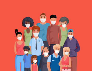 Multiracial and multicultural group of people standing together and wearing face masks flat cartoon illustration.