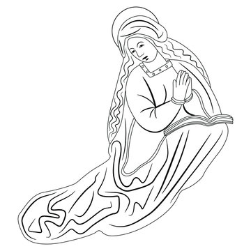 recommend clip art: Isolated vector illustration. Sitting Madonna. Praying Virgin Mary. Christian female saint. Black and white linear silhouette.