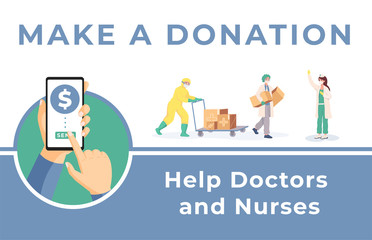 Make donation to help doctors and nurses vector flat banner template. Humanitarian aid during coronavirus.
