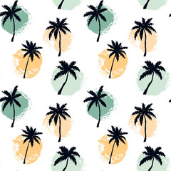 Fototapeta na wymiar Hand drawn summer seamless pattern with palm trees and paint circles. Vector illustration