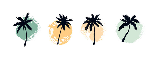 Set of hand drawn paint backgrounds with palm trees in pastel colors. Hello summer design. Vector illustration