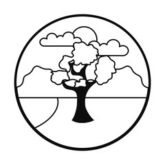 landscape with tree, sun and clouds icon, line style