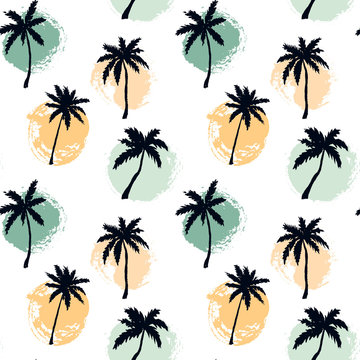 Hand drawn summer seamless pattern with palm trees and paint circles. Vector illustration