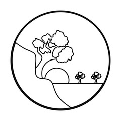 dawn landscape with tree and sun icon, line style